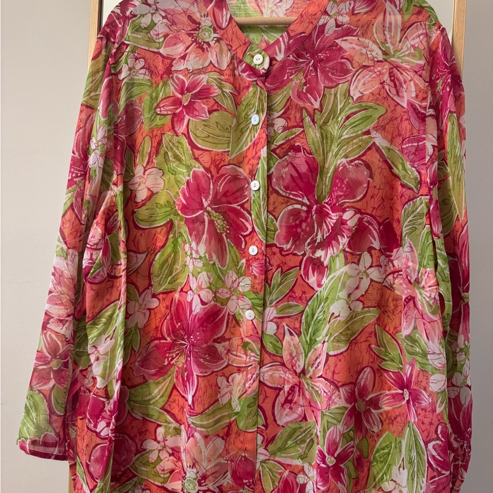 LAURA ASHLEY 100% Silk Floral Blouse 2X Pink Button Front Lightweight Top